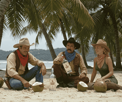 Cowboy holding bottle of Coconut Cowboy Vodka