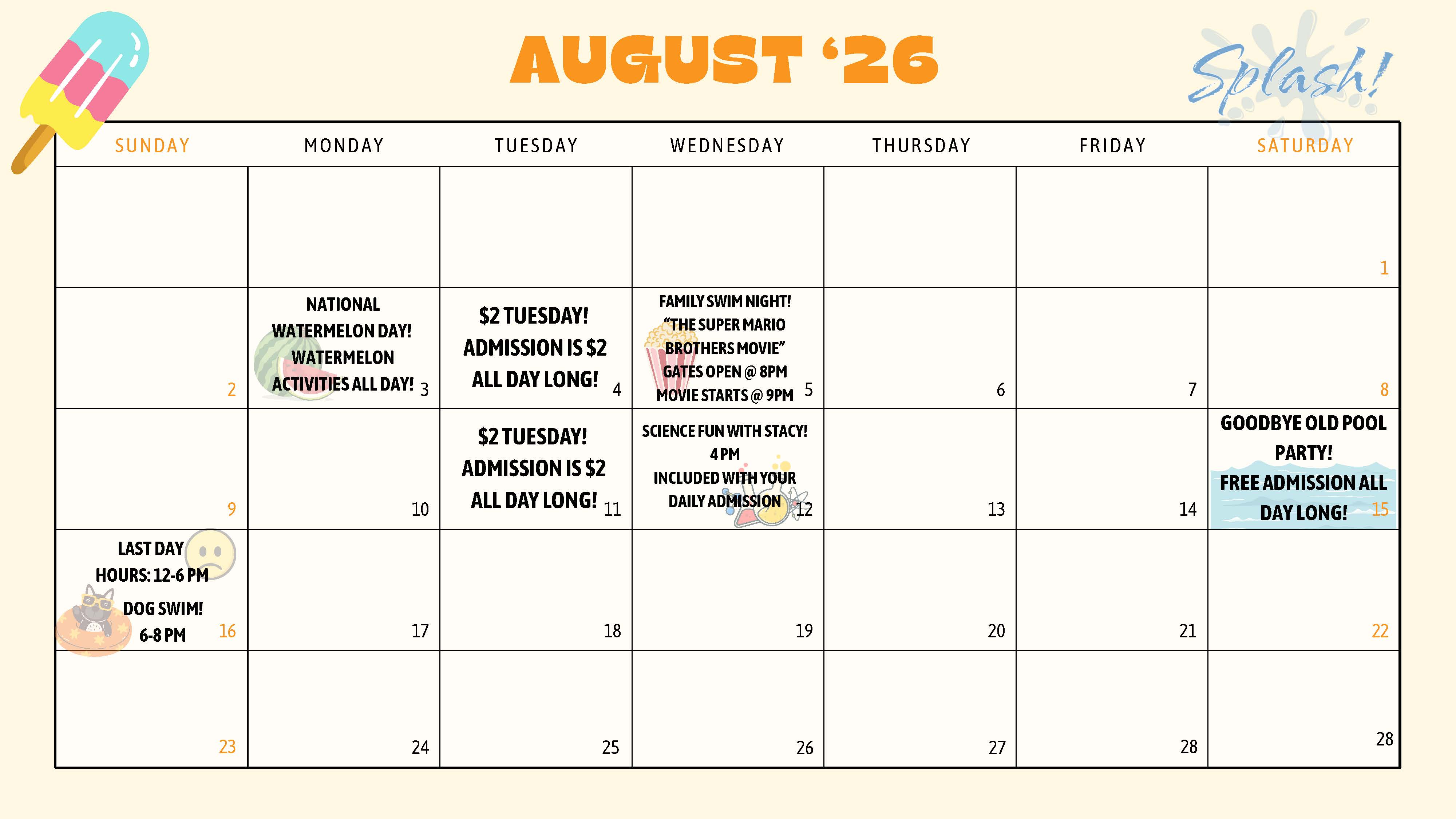 August 2026 Pool Schedule
