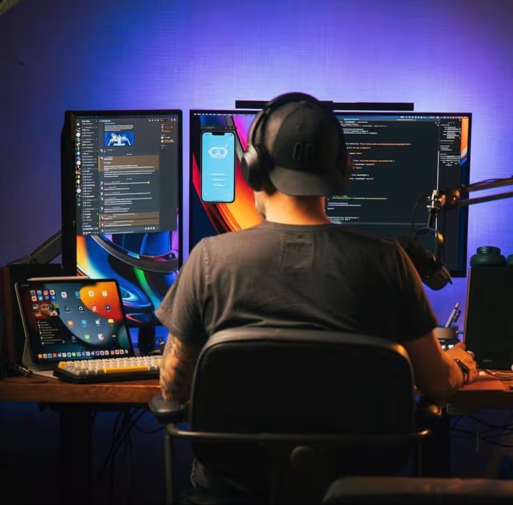 Web developer on chair creating website