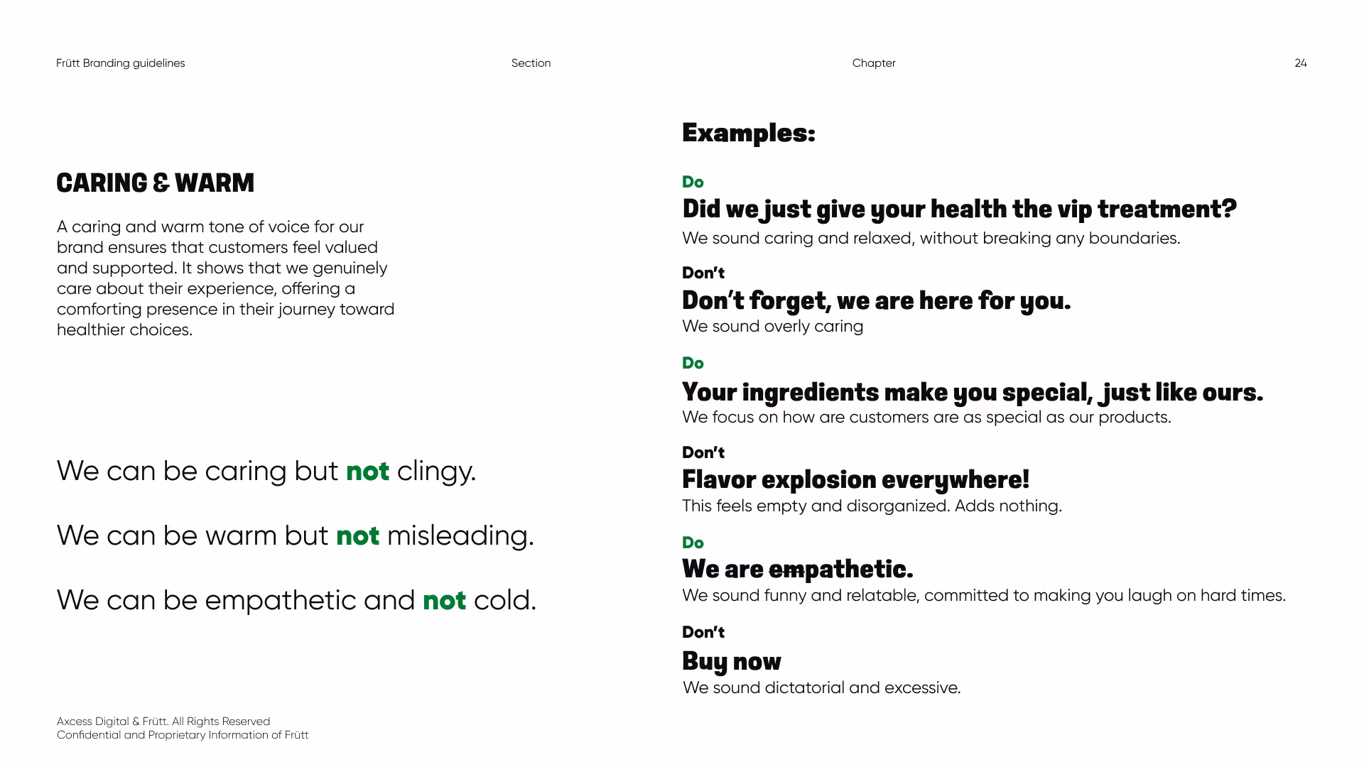 Screenshot of a verbal identity slide, made for a client's branding proposal.