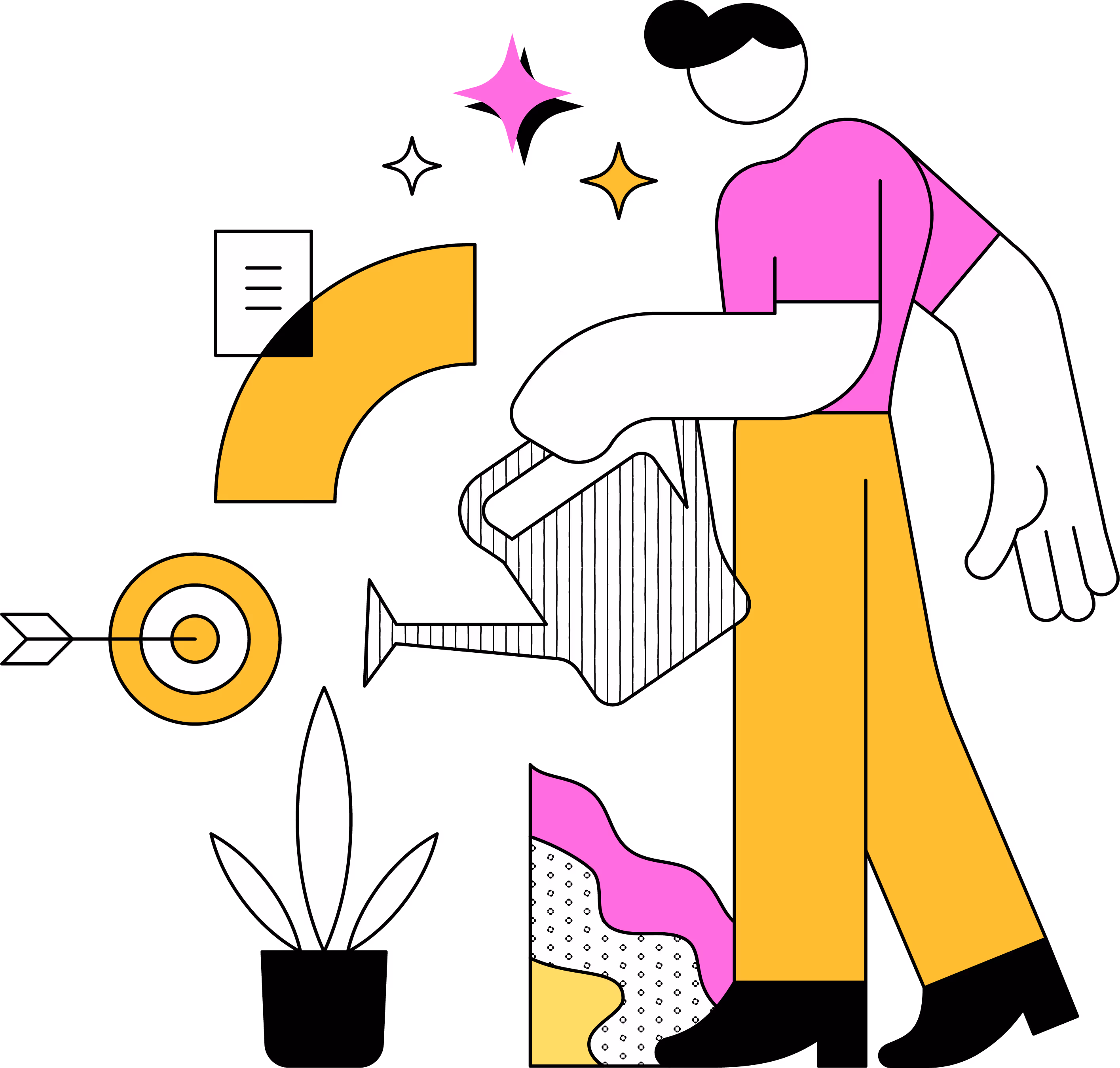 Illustration of a man watering a plant.