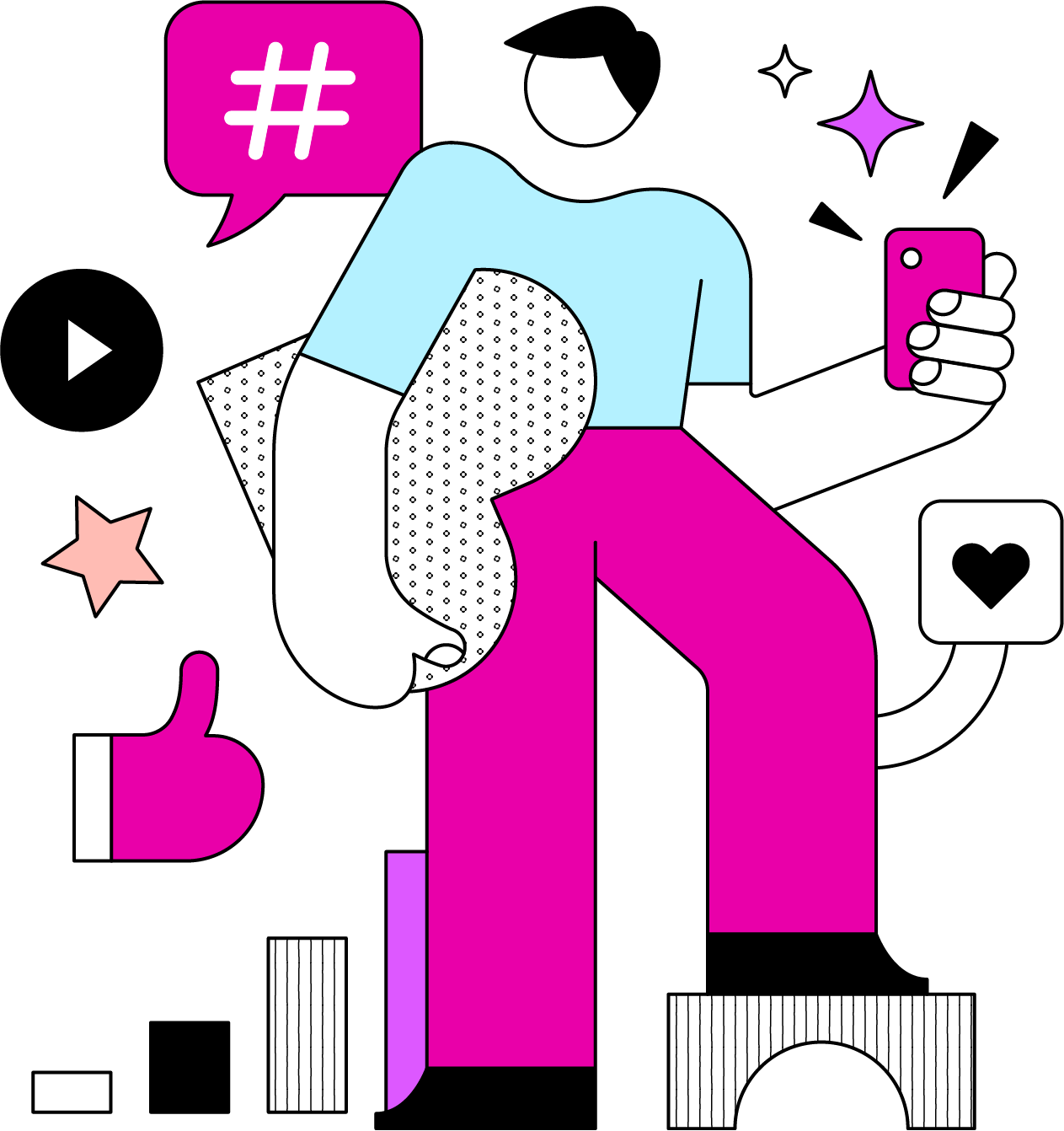 Illustration of man getting tons of engagement and likes on social media.