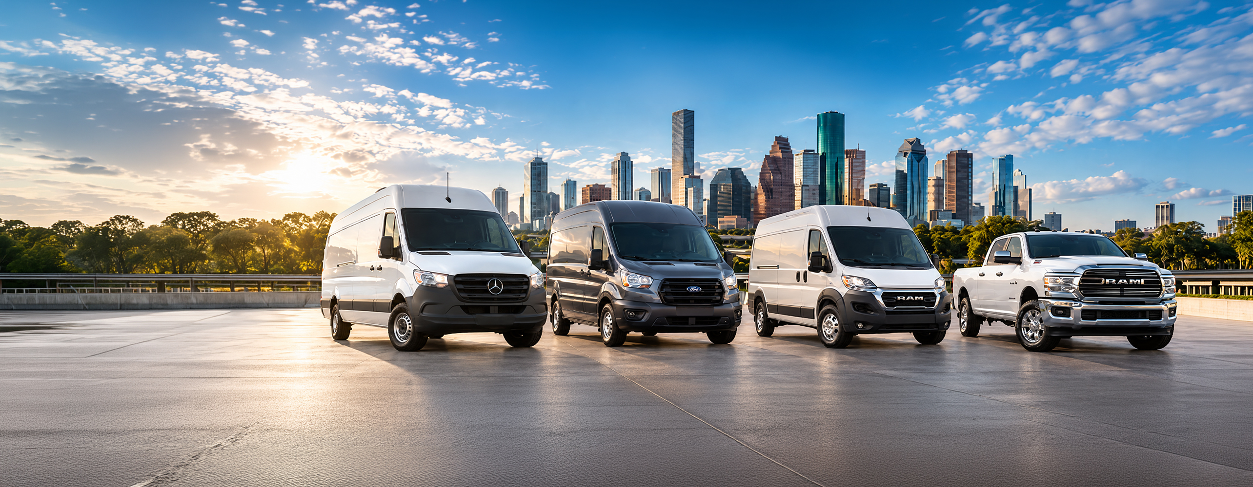 Commercial vehicle lineup featuring a Sprinter, Transit, ProMaster and heavy-duty pickup