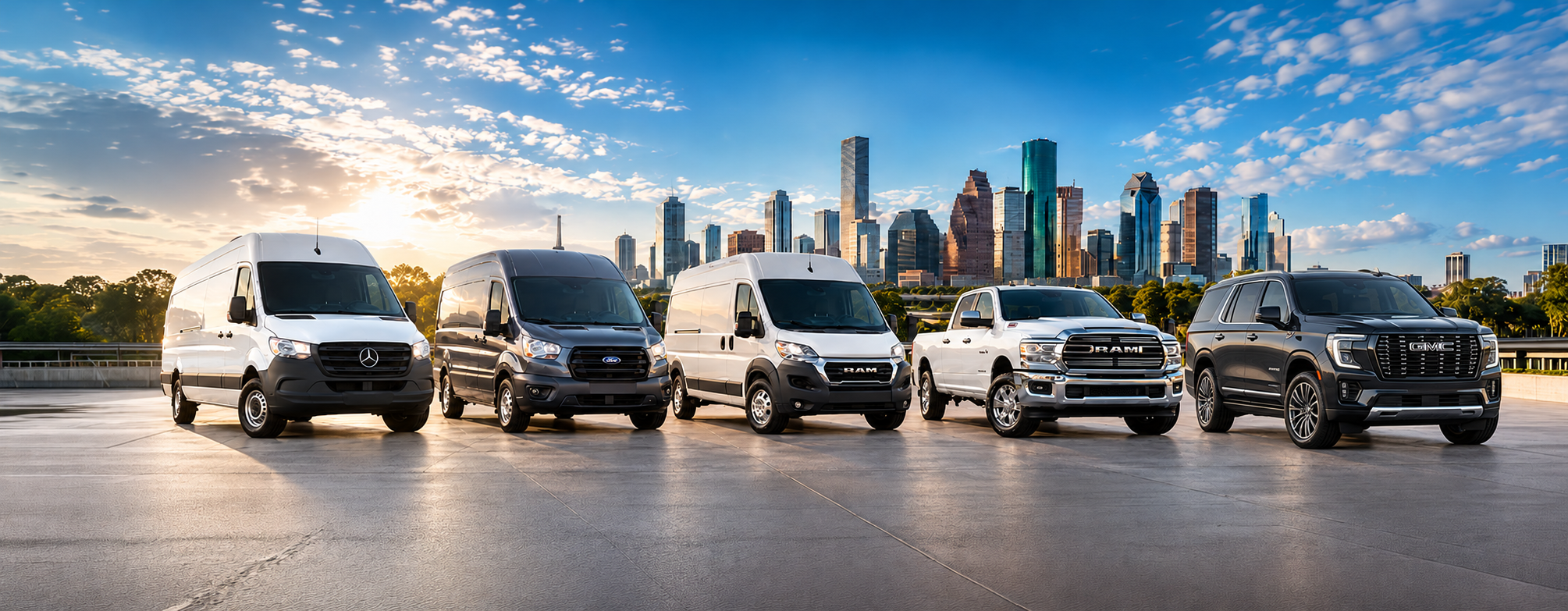 National Car Store vehicle lineup featuring a Sprinter, Transit, ProMaster, RAM pickup and GMC Yukon Denali