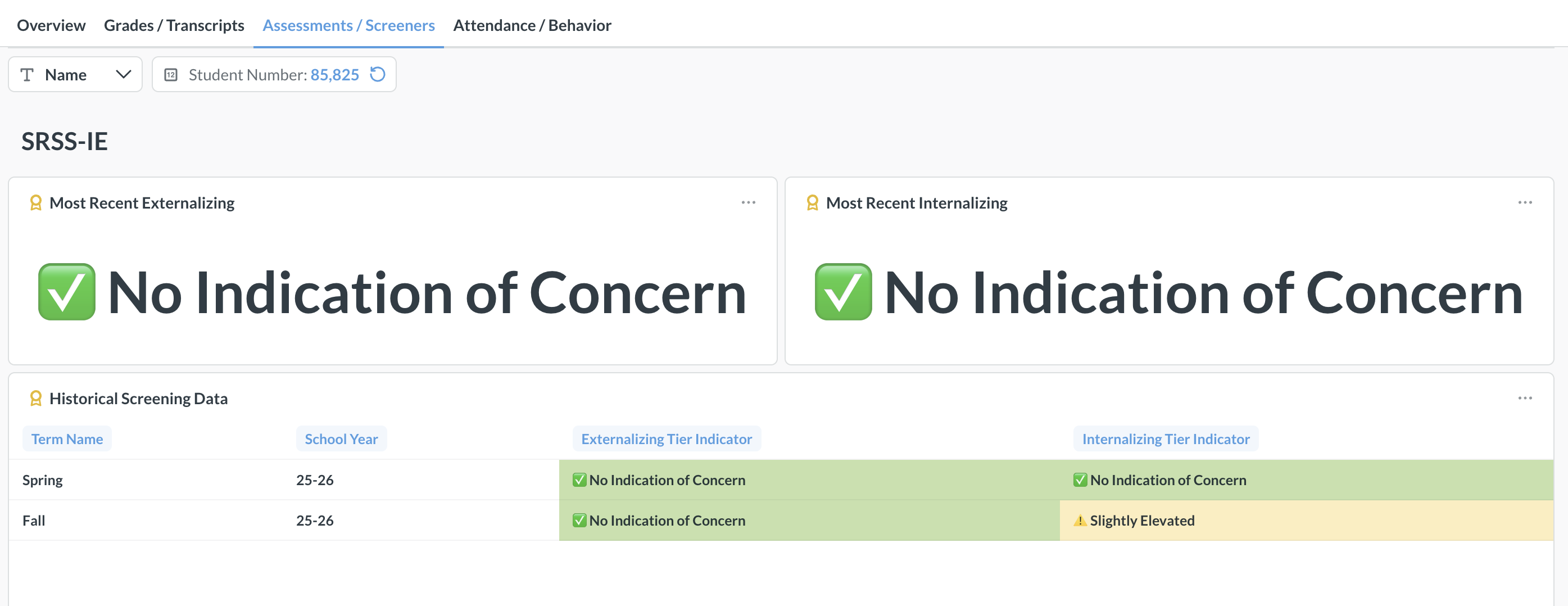 SRSS-IE results in the Analytics student dashboard