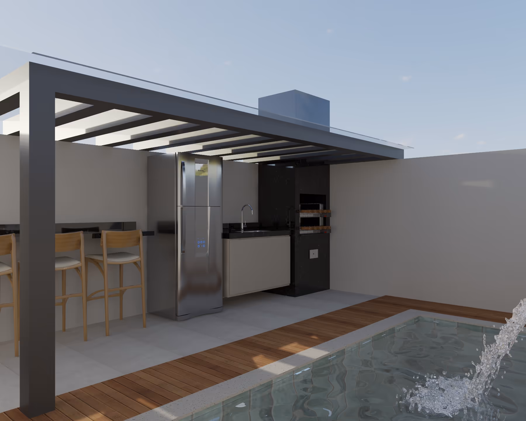 Inspiração de área gourmet com piscina e churrasqueira