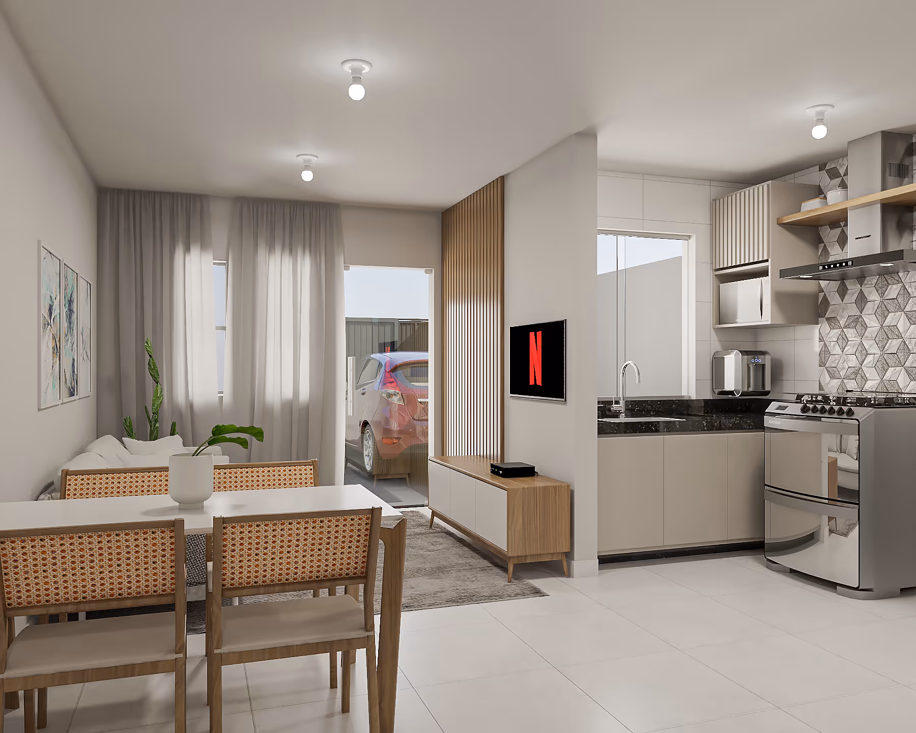 Sala e cozinha com layout integrado