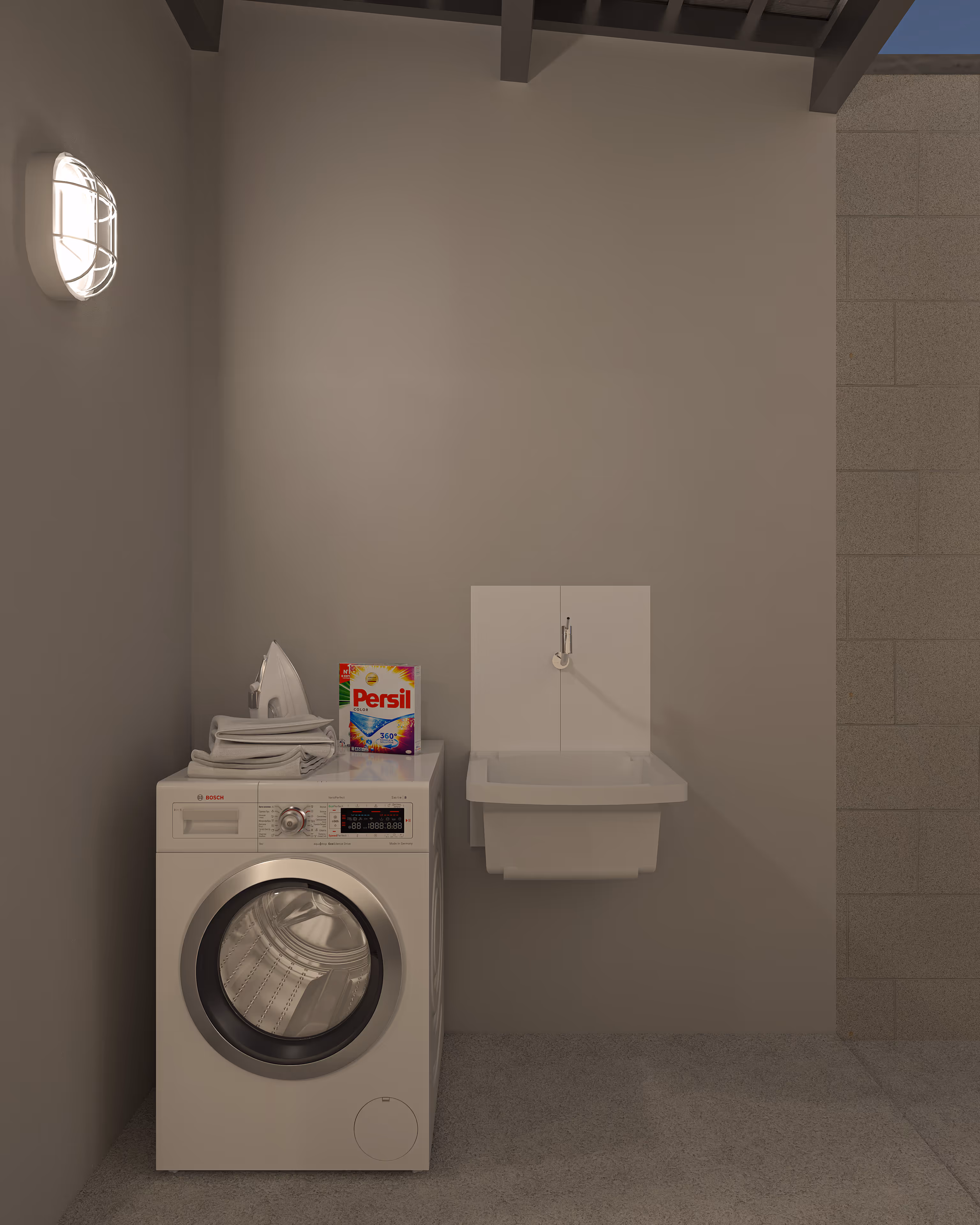 Lavanderia coberta e funcional