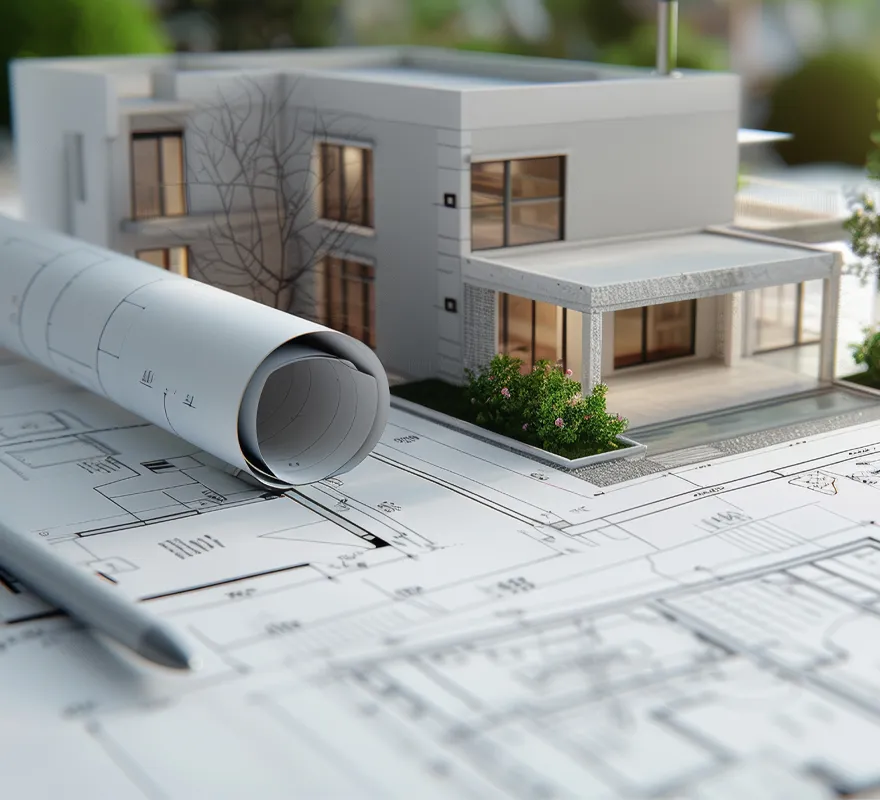 Architectural blueprints and residential building model representing custom home design and engineering planning in Florida