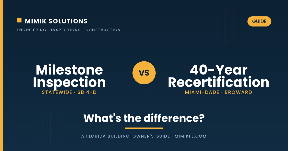 Building inspector in hard hat and safety vest conducting 40-Year Recertification assessment of structural conditions in Florida