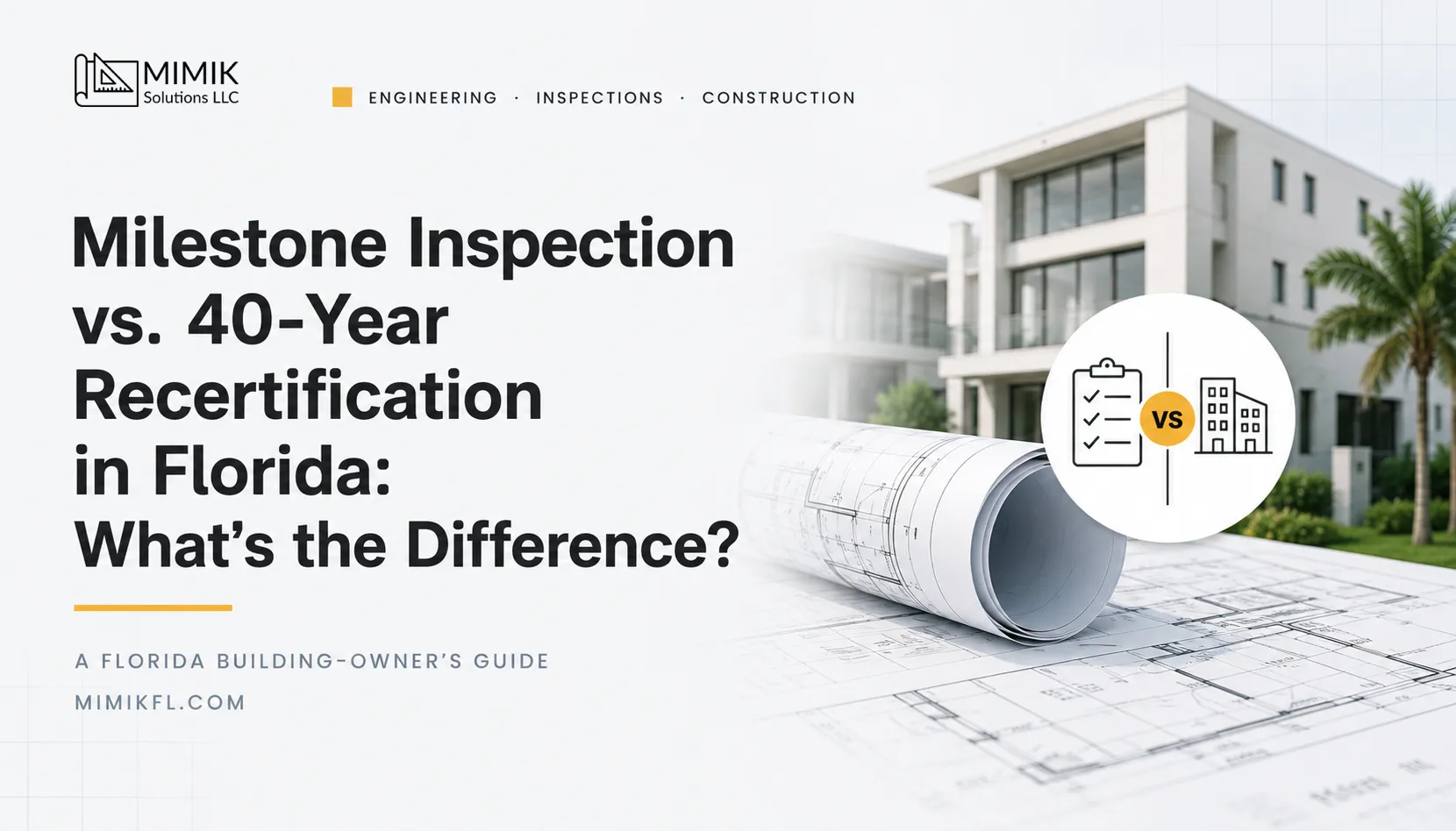Inspector in safety vest and hard hat reviewing building exterior during 40-Year Recertification inspection in South Florida