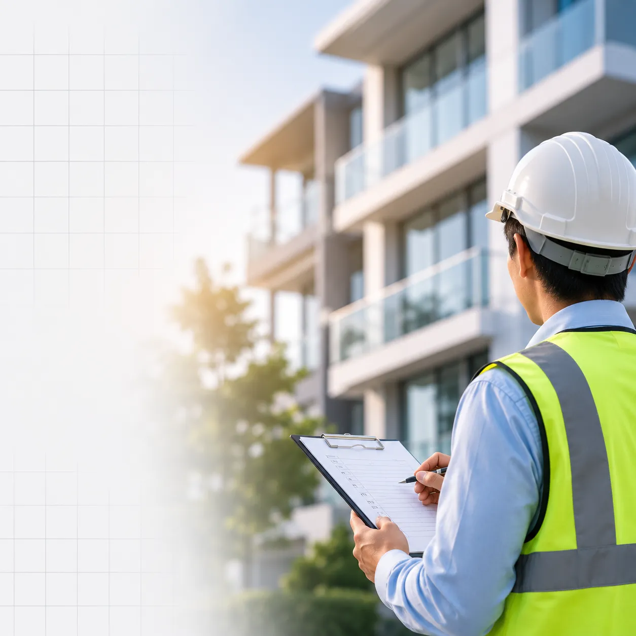Building inspector in hard hat and safety vest conducting 40-Year Recertification assessment of structural conditions in Florida