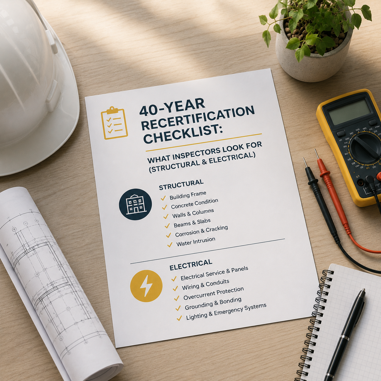 Building inspector in hard hat and safety vest conducting 40-Year Recertification assessment of structural conditions in Florida