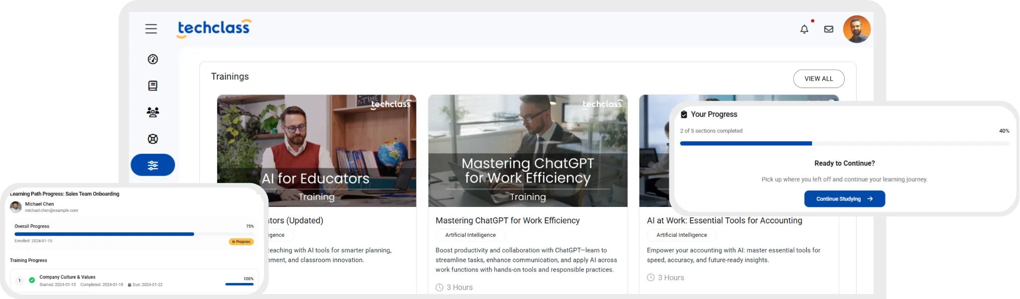 User interface of techclass online training platform showing AI-related courses and progress bars for learning paths and sections completion.