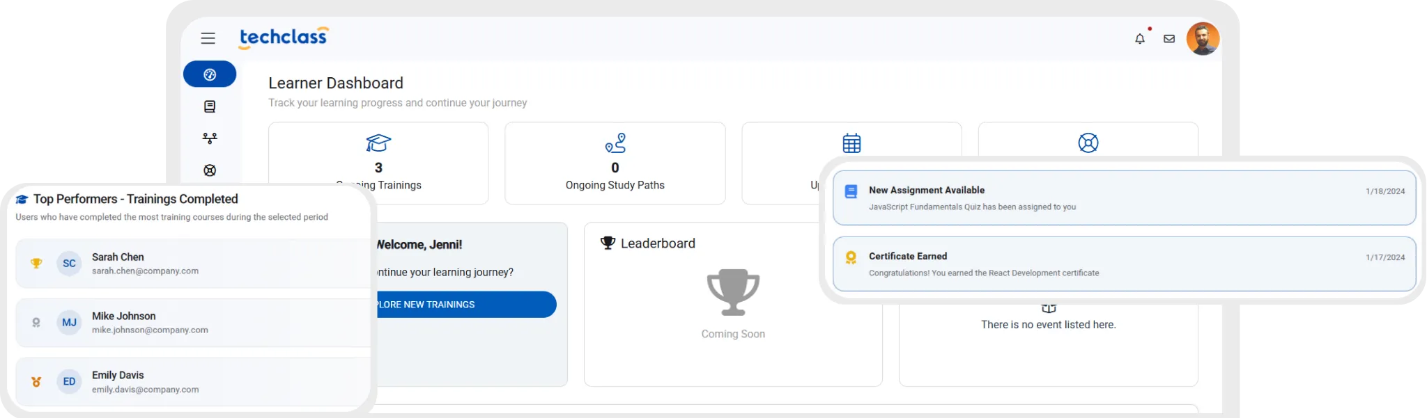 Techclass learner dashboard showing ongoing trainings, study paths, top performer list with names and emails, new assignment notification, and certificate earned message.