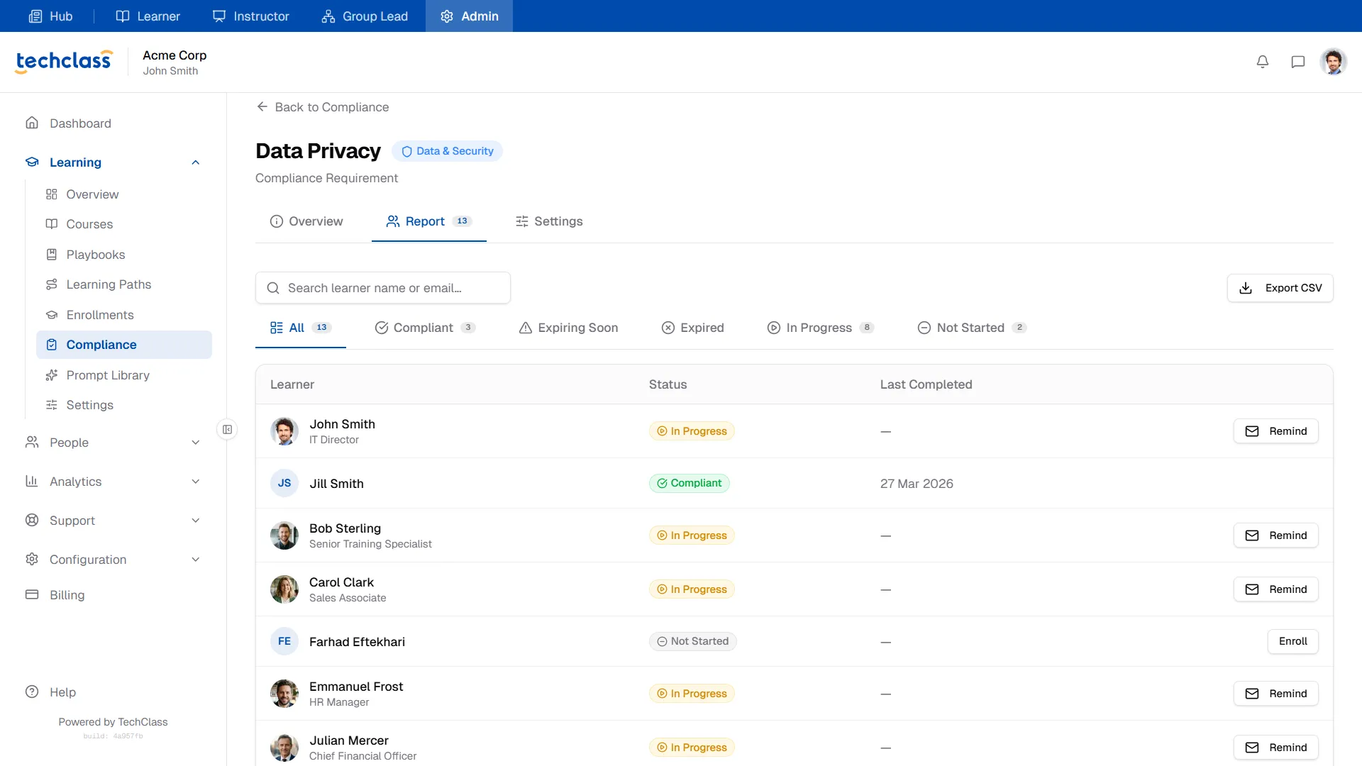 TechClass Compliance Tracking Feature