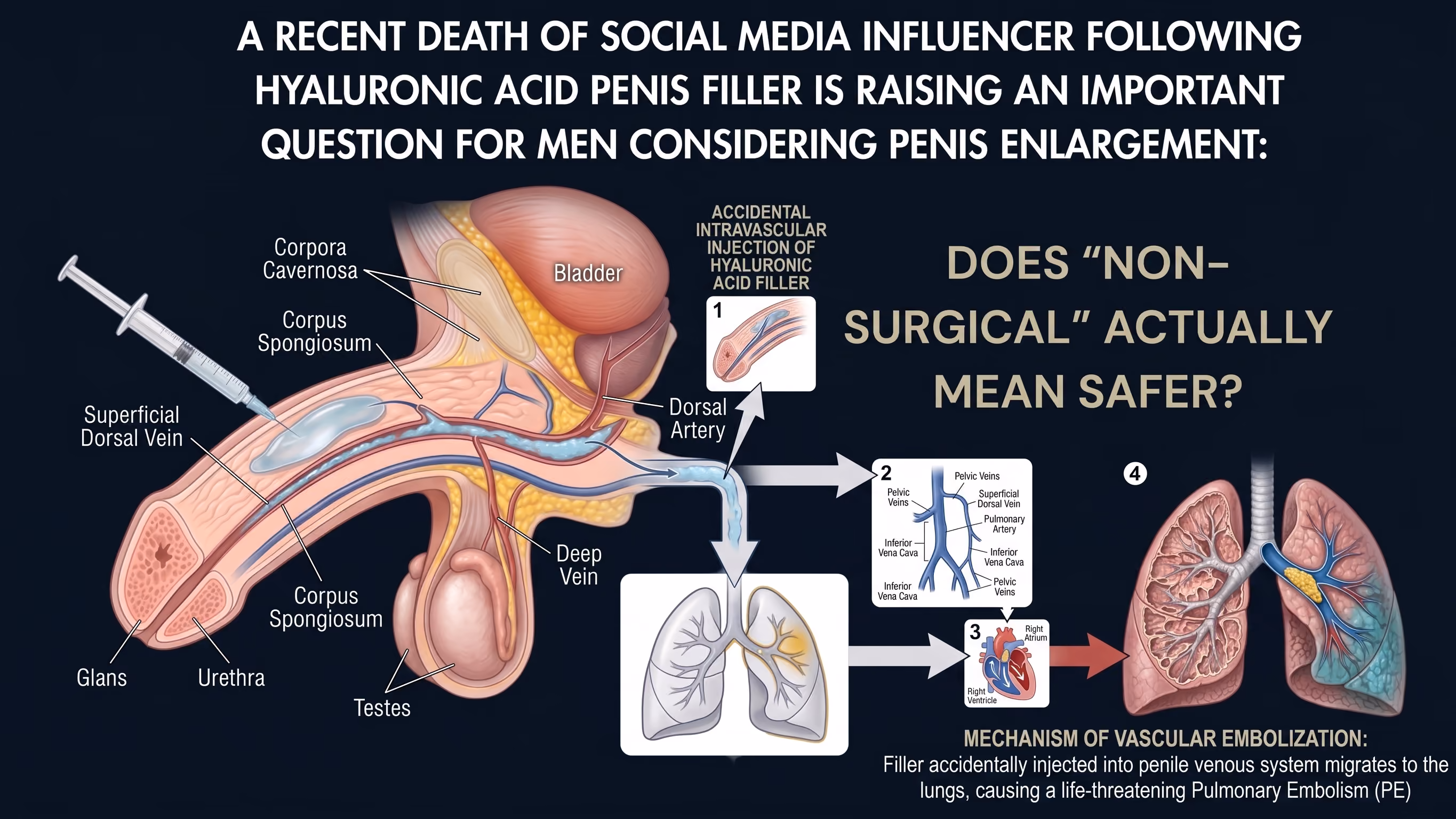 Ilustración médica de una inyección de relleno peneano con ácido hialurónico y su posible recorrido hacia una embolia pulmonar