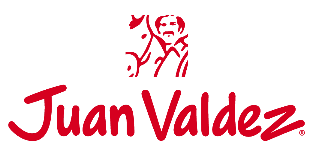 Logotipo de Juan Valdez en rojo con ilustración estilizada de un hombre con sombrero y un caballo.