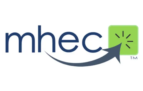Logo with lowercase letters 'mhec' and a sweeping arrow pointing to a green square with a radiating click symbol.