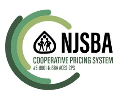 NJSBA Cooperative Pricing System logo with a black icon of two children inside a droplet shape and green circular arcs around the text.