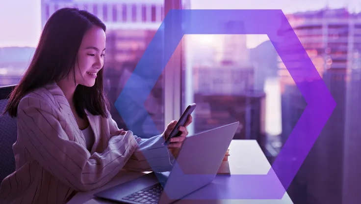 Young busy happy Asian business woman manager using mobile cell phone tech in office