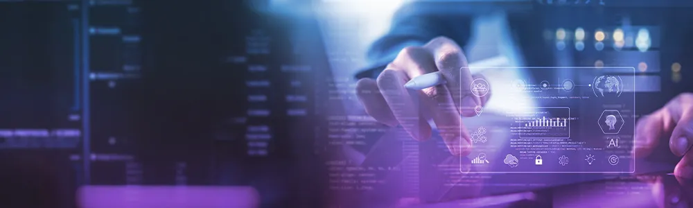 Cybersecurity image with close up of hands and data
