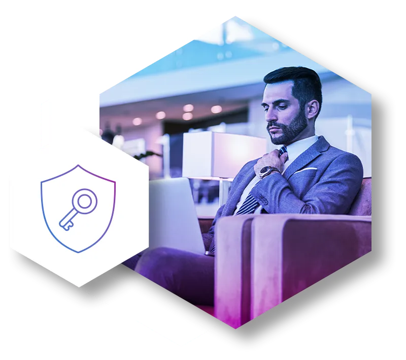 Man in airport accessing computer through VPN