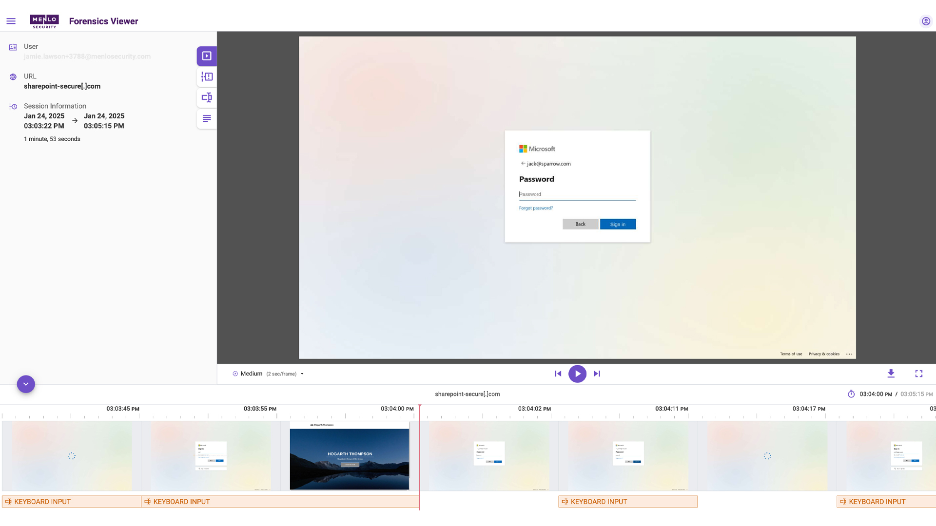 Menlo Browsing Forensics with Protect Product  screen

