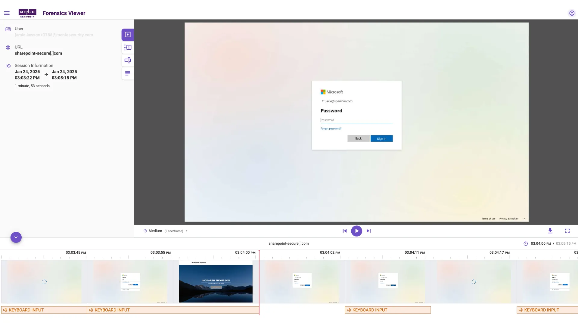 Menlo Browsing Forensics with Protect Product  screen

