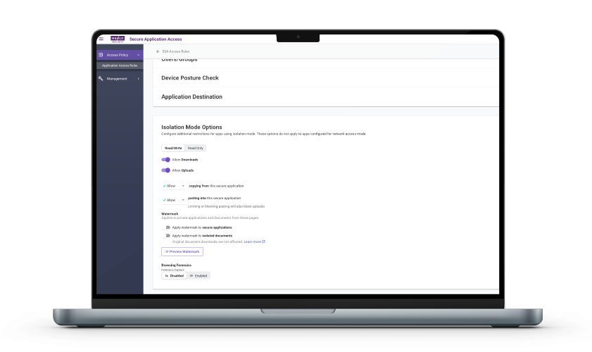 Mac laptop with Menlo Secure Application Access UI on screen