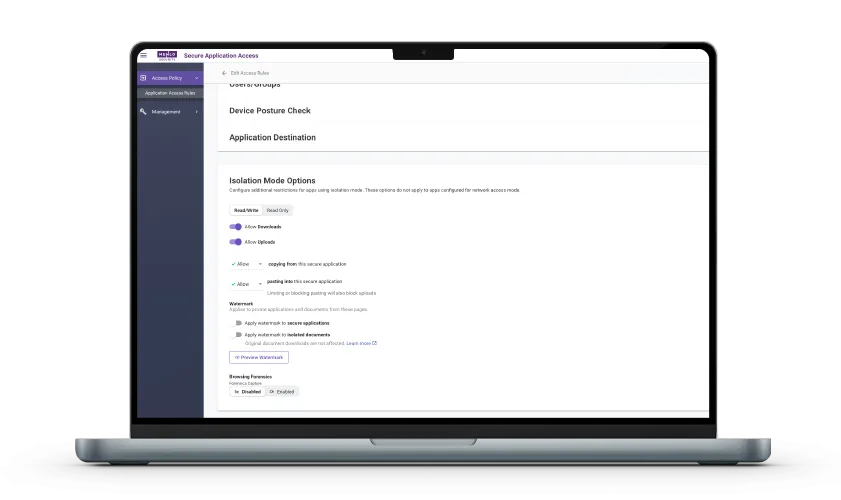 Mac laptop with Menlo Secure Application Access UI on screen