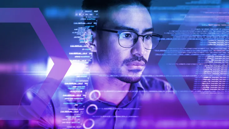 A focused man of East Asian descent wearing glasses looks at a computer screen in a room with blue and purple lighting. The image has digital overlays of computer code and abstract purple shapes, giving it a futuristic, high-tech feel.