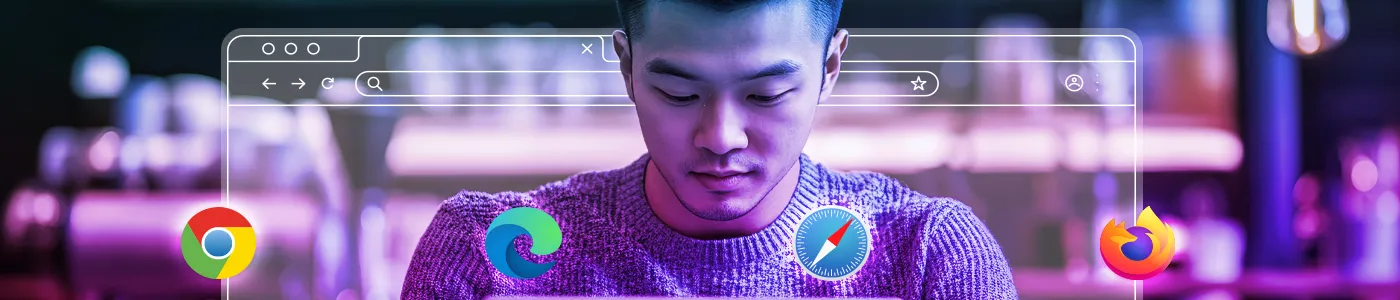 A user on a laptop protected by advanced browser security from ransomware attacks, with logos for Chrome, Edge, Safari, and Firefox in the foreground.