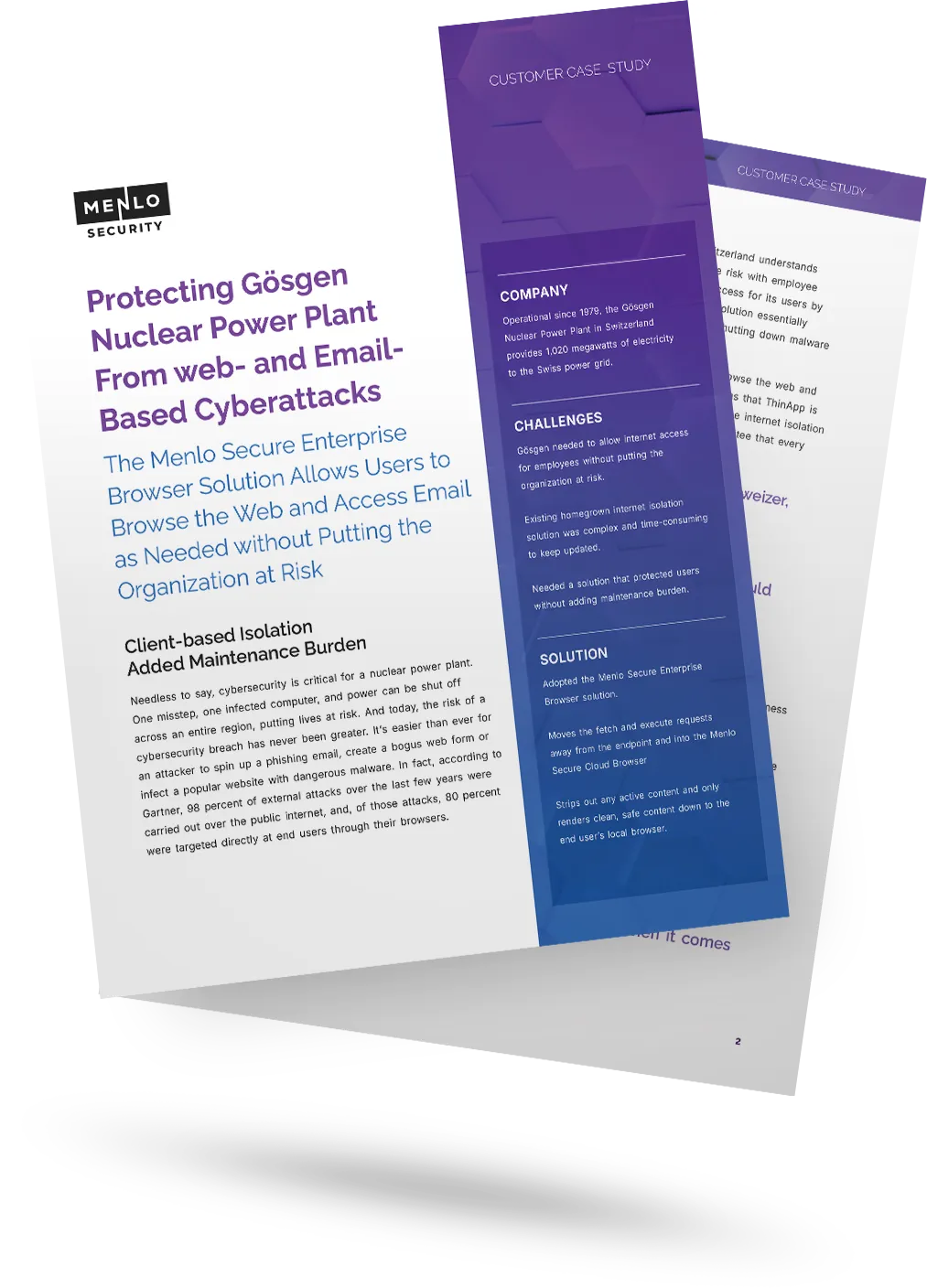 Cover of the Menlo Security case study on protecting Gösgen Nuclear Power Plant from web and email cyberattacks.