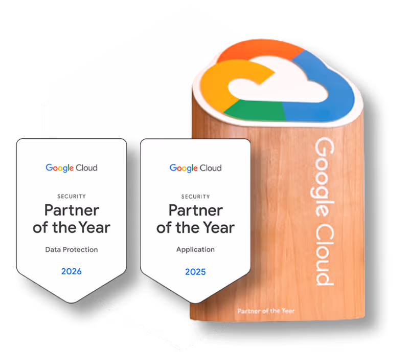 Google Cloud Partner of the Year awards for Security in Data Protection 2026 and Application 2025 with wooden trophy.