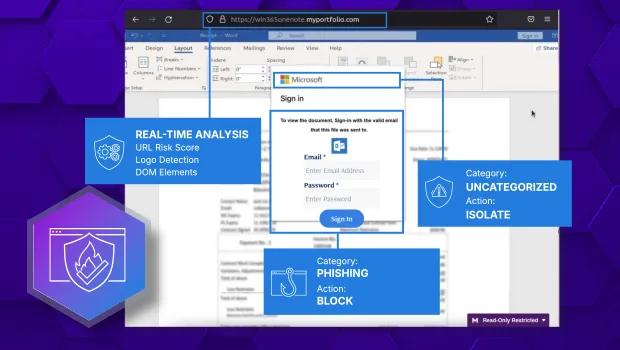 A screenshot of the Menlo Security HEAT Shield AI dashboard displaying HEAT Alerts. The interface shows key metrics on evasive threats, with a magnified detail view highlighting the detection of a malicious encrypted file download