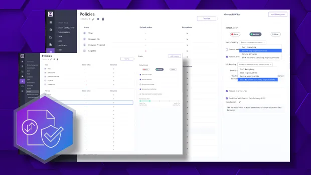 An illustrative graphic for Menlo Security HEAT Shield AI combining the product's shield icon with a screenshot of the live dashboard. The screenshot details a specific HEAT Alert, showing how the system detects an evasive, encrypted file and provides security teams with detailed threat analysis.