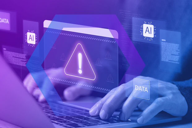 Cybersecurity concept showing AI threat detection. A digital interface is overlaid on an image of hands typing on a laptop, with a central graphic of a file folder containing a large warning alert icon, symbolizing the identification of malware or a data security risk.