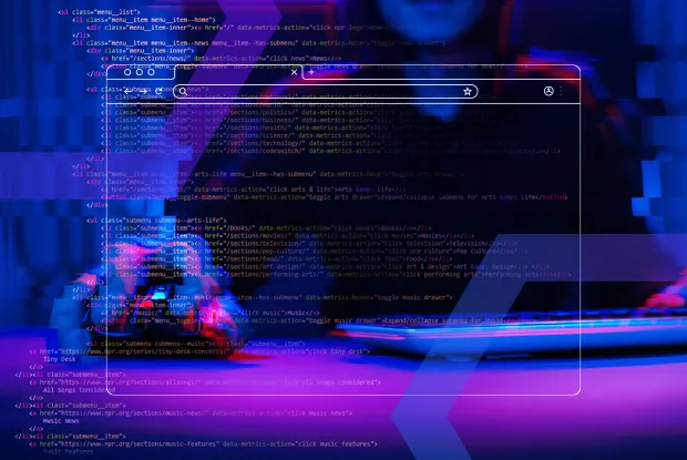 "Cybersecurity concept image illustrating browser security, showing a stylized web browser window floating over a background of glitching HTML code. This visual represents the detection of malicious code and hidden web-borne threats that are not visible on a standard webpage."