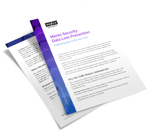 Cover of the Menlo Security solution brief on Data Loss Prevention (DLP). The document explains how to protect organizations from data loss via the web browser