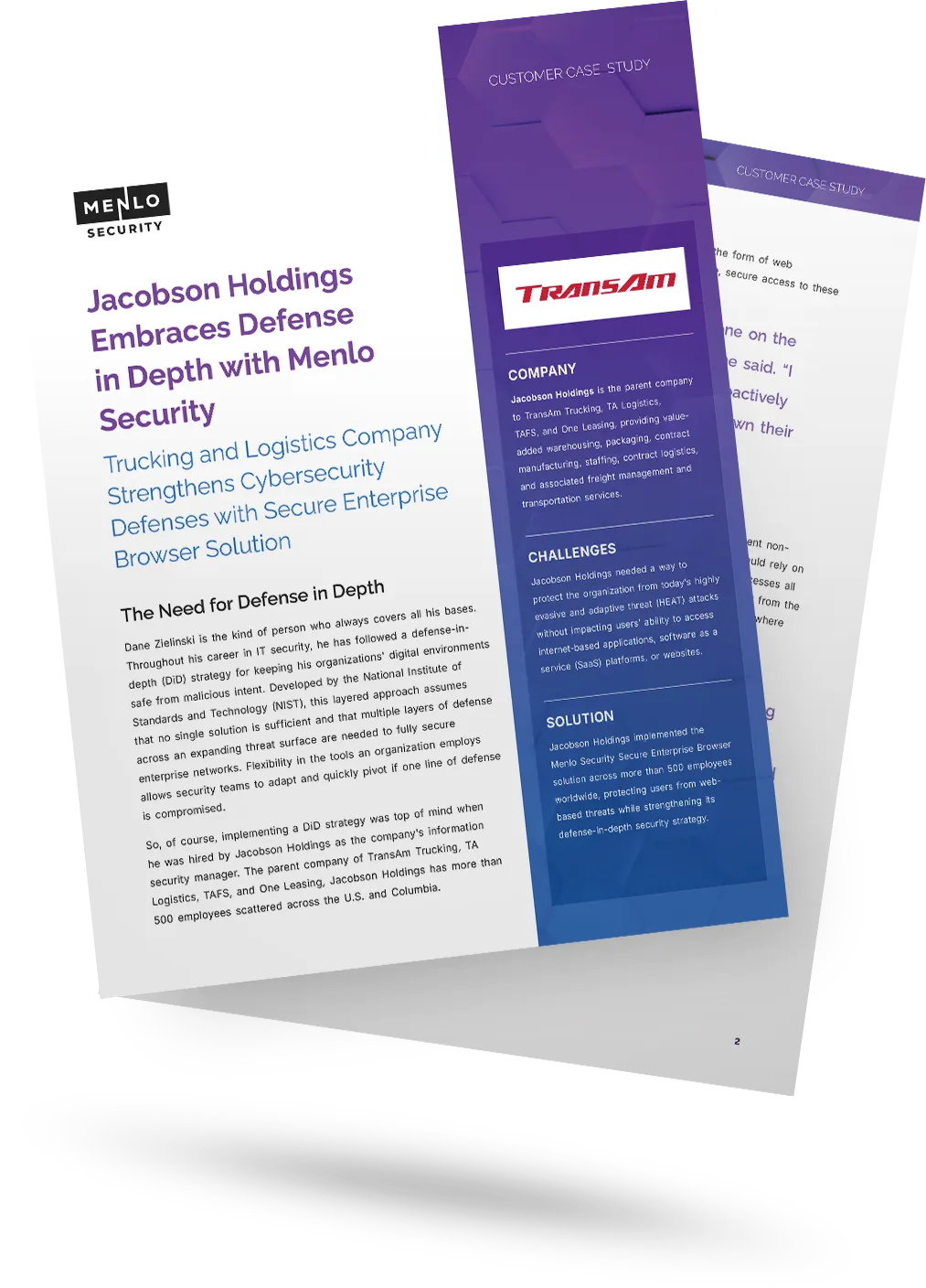 "Image of the Menlo Security customer case study featuring Jacobson Holdings. The document shows how the trucking and logistics company strengthened its cybersecurity defenses with the Menlo Secure Enterprise Browser solution as part of its defense-in-depth strategy."

