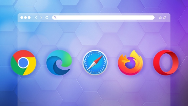Logos of major web browsers including Chrome, Edge, Safari, and Firefox, illustrating a universal security solution that works with any browser