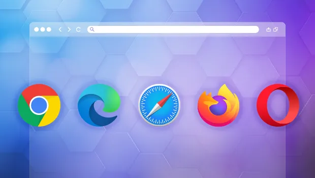 Logos of major web browsers including Chrome, Edge, Safari, and Firefox, illustrating a universal security solution that works with any browser