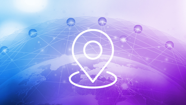 A location pin icon floats over a digital graphic of the globe with a network overlay, symbolizing secure, cloud-based access for remote users everywhere.