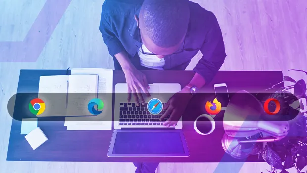 Top-down view of a person working on a laptop, with a graphic overlay showing logos of all major web browsers, symbolizing cross-browser security.