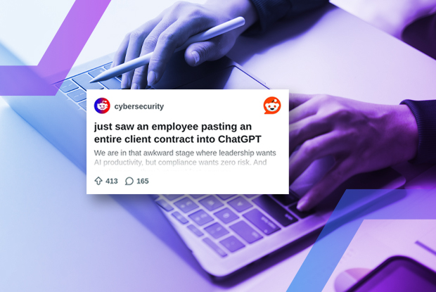 A cybersecurity-themed image showing a Reddit post about an employee pasting a client contract into ChatGPT, overlaid on a purple-tinted photo of a person's hands typing on a laptop.