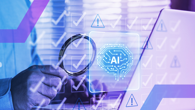 A security analyst uses a magnifying glass to inspect an AI brain icon on a laptop screen filled with compliance checks. This image symbolizes the deep visibility and forensic analysis that Menlo Security provides to secure GenAI tool usage and investigate security events.
