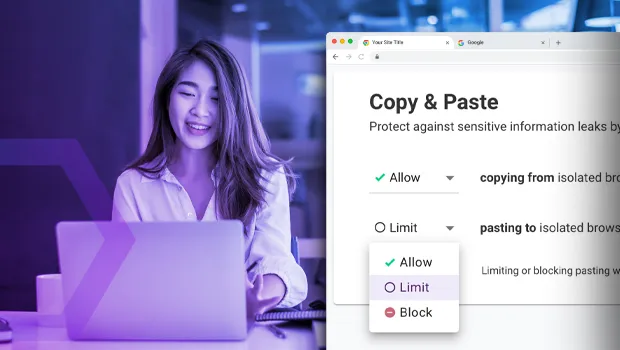 IT administrator configures a PII Data Loss Prevention (DLP) policy in a browser interface. This image symbolizes the ease of setting browser-centric DLP features like copy-paste controls, watermarks, and file upload controls.