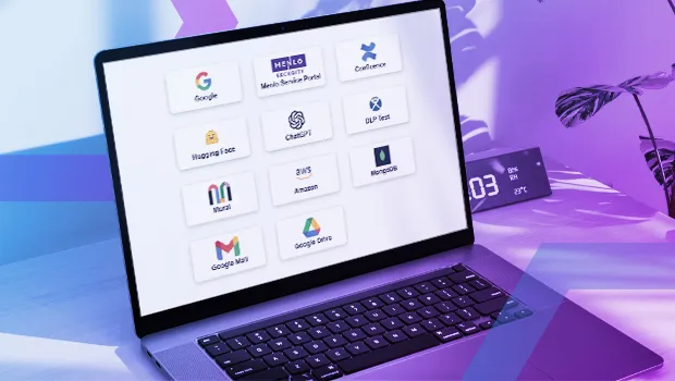 A laptop screen displays a secure launchpad of internal and internet applications, including Google, ChatGPT, and Amazon. This image represents how Menlo DLP prevents data from leaking out to the internet or from being harvested from mission-critical apps