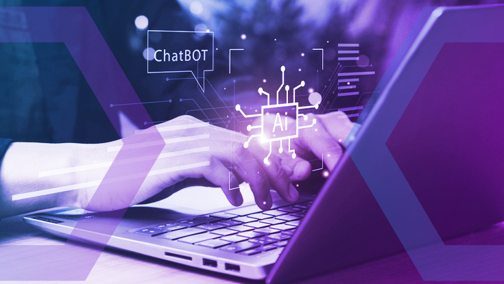 A professional interacts with a Generative AI interface, symbolizing the need for Control & Compliance. This image represents the automatic enforcement of data protection policies in GenAI, such as blocking sensitive uploads and guiding users to approved tools.